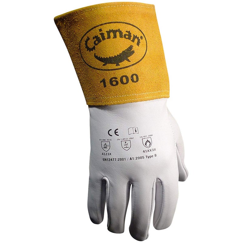 Caiman Premium Goat Grain TIG Welding Gloves, 4-Inch Gold Extended Cuff, Unlined, White/Gold, X-Large (1600-6) - Image 2